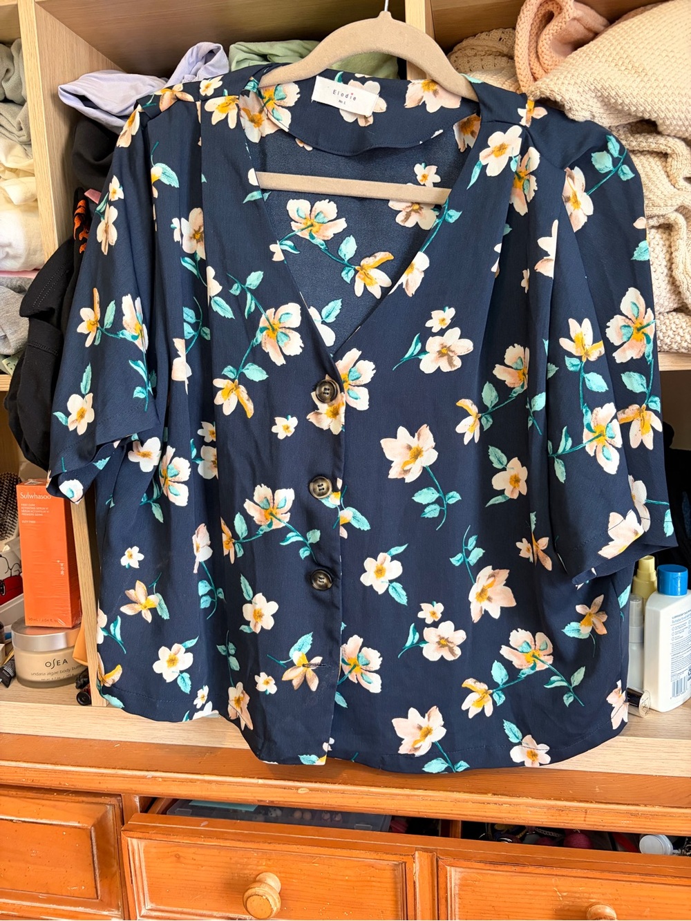 Elodie Navy Floral Button-Front Blouse